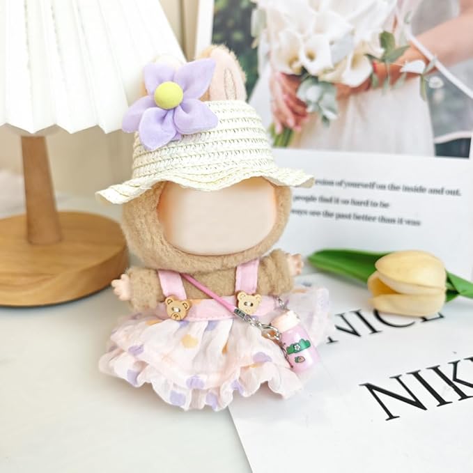One Set Kawaii Doll Clothes for 17cm Plush Dolls - Pink Floral Collection Dress + Hat + Bag + Hair Clip Fits 6.7 Inch Mini Dolls (No Doll No Glasses)
