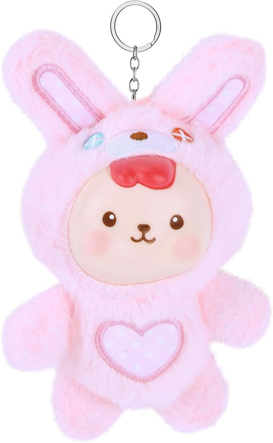 Plush Doll, Plush Figure Toys with Vinyl Face Mentl Keyring Heart Embroidery for Girls Boys, Soft Pink Bunny Vinyl Plushies Figure Stuffed Animals Gift for Collectibles Bag Charm Home Decor Birthday