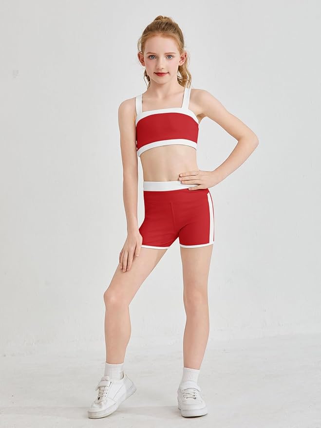 Haloumoning Girls 2 Piece Outfits Athletic Color Block Training Bra and High Waisted Shorts Clothing Sets 5-14Y