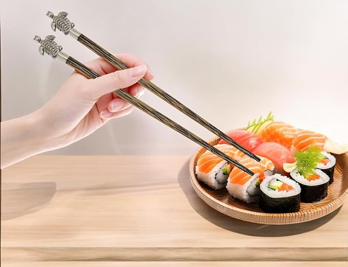 Wooden Chopsticks 9⅞" Coconut Palm Wood Chopstick With Metal Sea Turtle Top Eating Utensils Oriental Cutlery Asian Tableware Decorative Dinnerware to Serve Chinese Japanese Korean Food