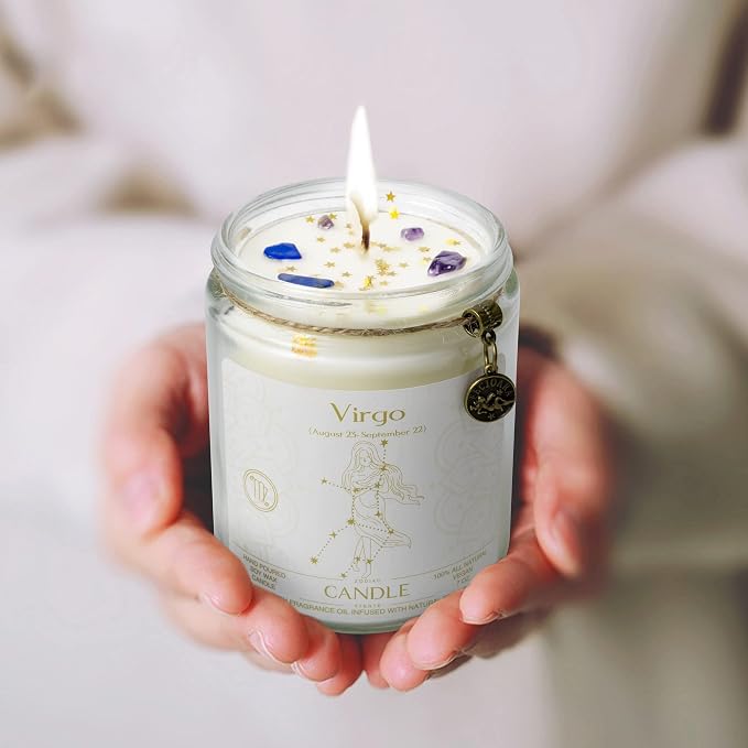 Zodiac Sign Candles, Zodiac Crystal Sign Candles,Astrology Scented Candles Best Friends Gifts for Women, Men Sister Brother Zodiac Funny Birthday Gift Candle Jar (Virgo)