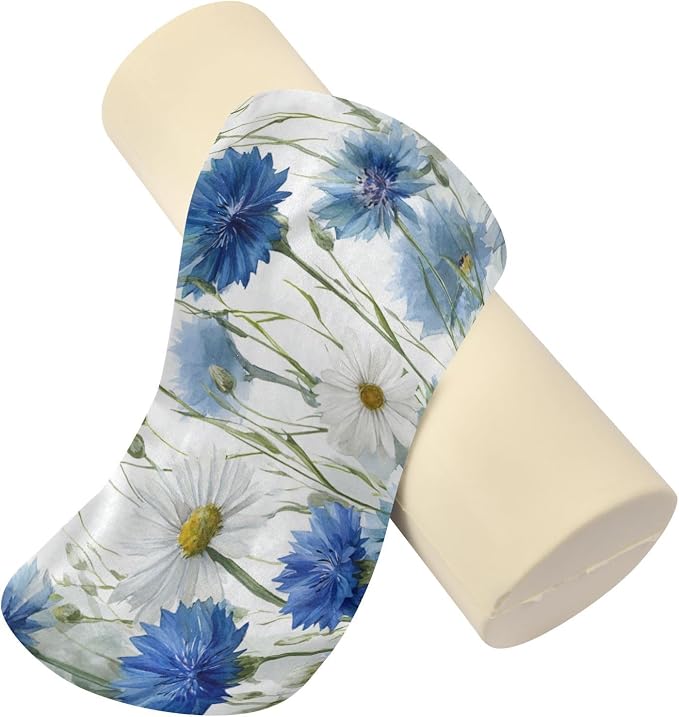 White Daisy Flowers Blue Cornflower Neck Roll Pillow Bolster Round Health Memory Foam Long Cervical Cylinder Pillows with Removable Washable Cover for Body Bed Legs Back Yoga
