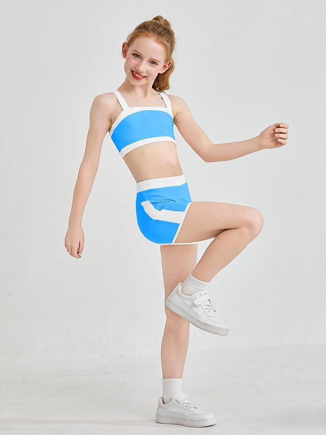 Haloumoning Girls 2 Piece Outfits Athletic Color Block Training Bra and High Waisted Shorts Clothing Sets 5-14Y