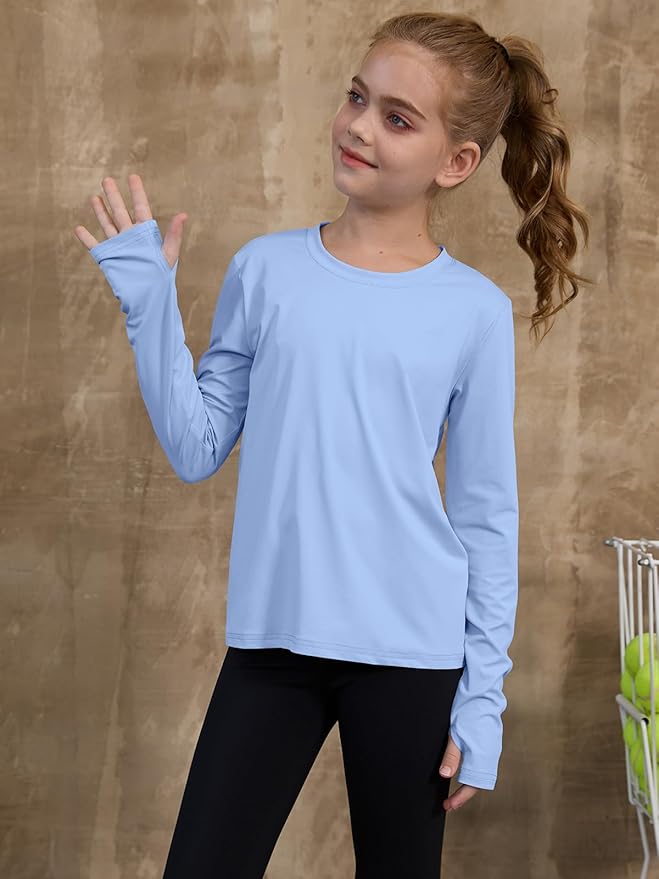ZDC Girls Long Sleeve Athletic Shirts Kids Crewneck Quick Dry Workout Yoga Tops Basic Tees Activewear