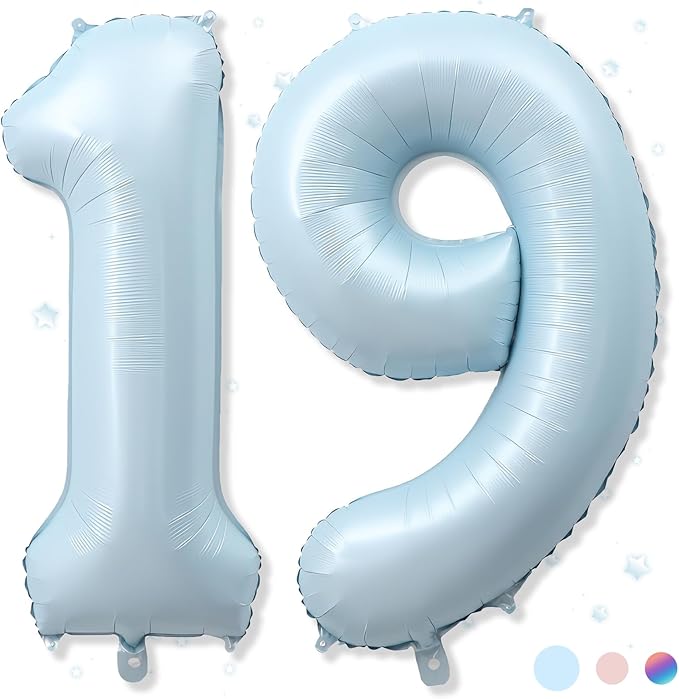 Foil 19 Balloon, Light Baby Blue Big Number 19 Balloons for Boy Birthday Party Decor, 40 Inch Helium Self Inflating Number 19 Pastel Sky Blue Balloon for Men 19th Birthday Party Anniversary Decoration