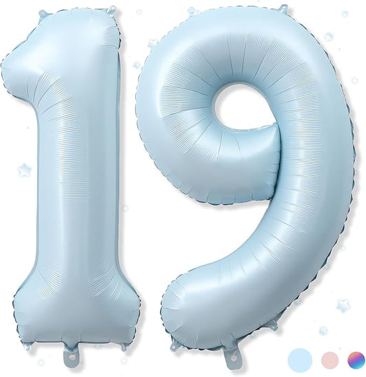 Foil 19 Balloon, Light Baby Blue Big Number 19 Balloons for Boy Birthday Party Decor, 40 Inch Helium Self Inflating Number 19 Pastel Sky Blue Balloon for Men 19th Birthday Party Anniversary Decoration