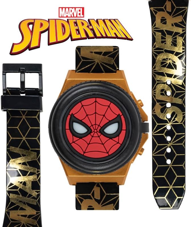 Marvel Spider-Man Kids' LCD Watch – Light-Up Flip Top Design with Glowing Eye Cover, Gold-Tone Accents, and Adjustable Silicone Strap – Durable and Fun for Ages 5+