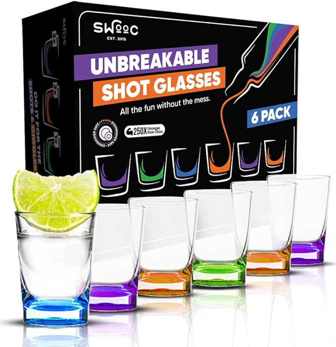 SWOOC Games - Unbreakable Shot Glasses Set (6 Pack) - 250x Stronger Than Glass, 25x Stronger Than Acrylic - Colorful & Dishwasher-Safe - 1.5oz Reusable Drinkware for Indoor/Outdoor - DUNZO Compatible