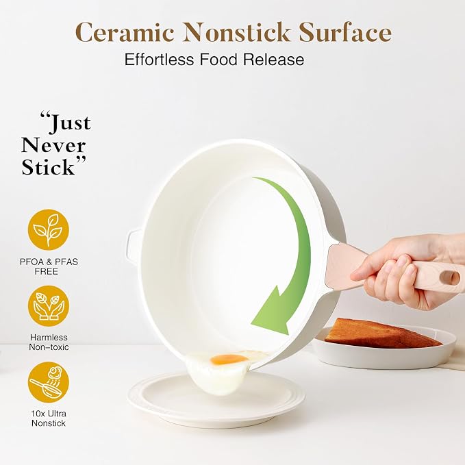 Kordisen Nonstick Ceramic Deep Frying Pan, 12 Inch Non Toxic Large Skillet with Lid, 5 Qt Healthy Jumbo Cooker, Saute Pan for Cooking, Induction Cookware, PFOA & PFAS Free (Cream)