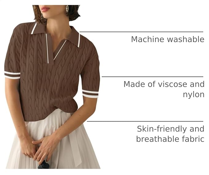 Micoson Womens Short Sleeve Sweater Tops Lapel V Neck Polo Shirts 2026 | Summer Cable Knit Loose Blouses, Business Casual Outfits