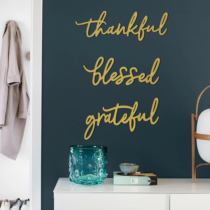 Thankful Grateful Blessed Letter Sign Metal Wall Decor, 3 Piece Gold Letters Wall Art for Bathroom Bedroom Metal Words Wall Decor for Home Decor (Gold)