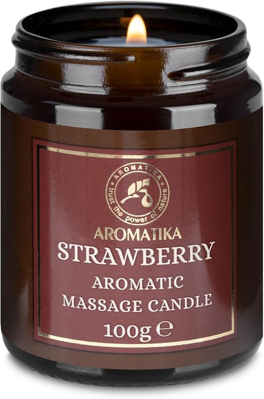 AROMATIKA Strawberry Scented Massage Candle - Soy Wax 3.5Oz - Relaxing Aromatherapy Candle - Glass Jar Gift