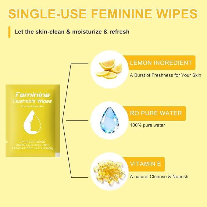 twoworld 100 Feminine Wipes Flushable Travel Individually Wrapped | Travel Wipes for Women,Feminine Care Wet Wipes Travel Size Vaginal Wipes for Adult,Girl and Homeless(Lemon)
