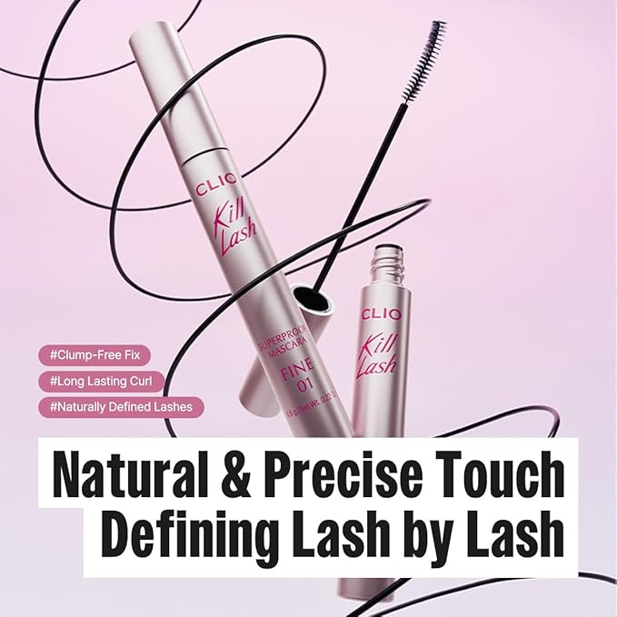 CLIO Kill Lash Superproof Mascara Fine, Waterproof Fixing Mascara, Natural Defining Look, Long-Lasting & Lengthening, Clump & Smudge-Free, for Sensitive Eyes, Korean Makeup Beauty (01 Vanilla Black)