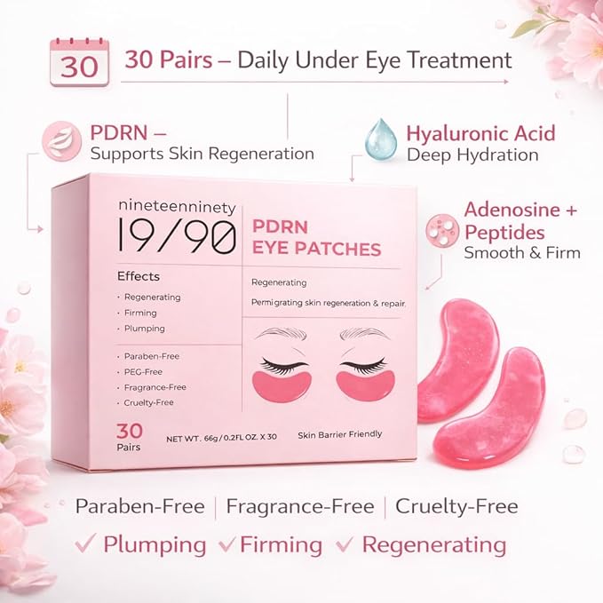 19/90 Revitalizing Hydrogel Under Eye Patches for Dark Circles & Puffiness - Salmon PDRN, Peptides & Hyaluronic Acid - Pink (30 Pair)