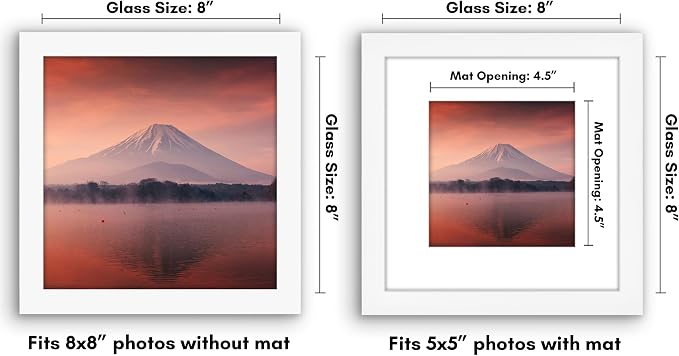 Americanflat 8x8 Picture Frame - Matted to 5x5 - Engineered Wood - White | Shatter-resistant glass, wall or tabletop display with included easel, sawtooth hangers included, use with or without mat