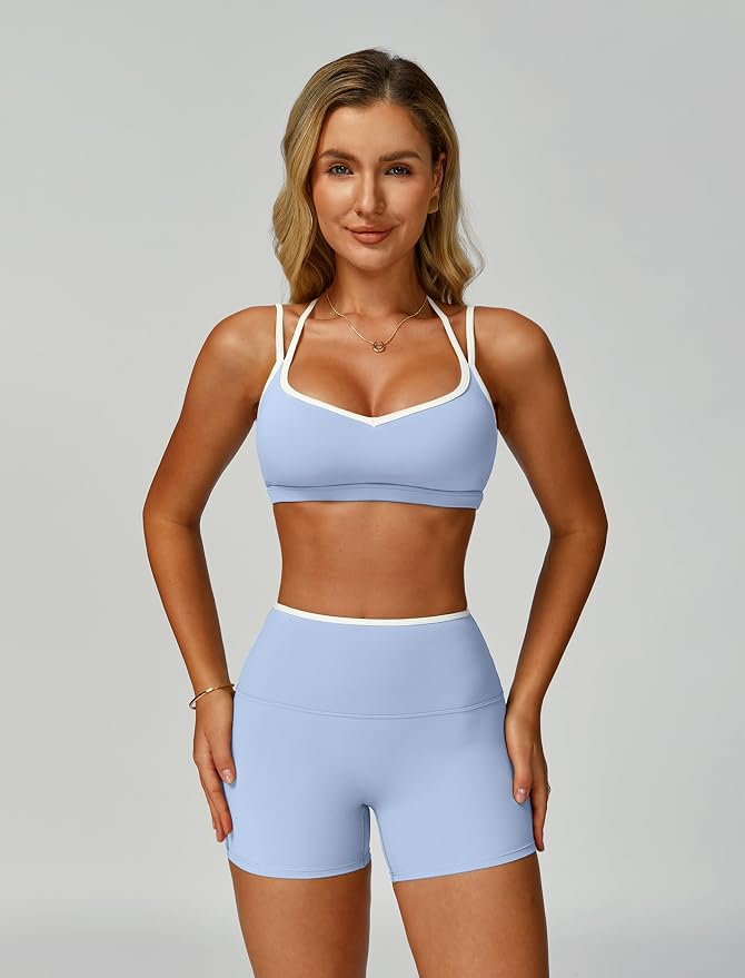 ABOCIW Workout Sets for Women 2 Piece Color Block Strappy Sports Bra High Waist Shorts Gym Yoga Pilates Outfits