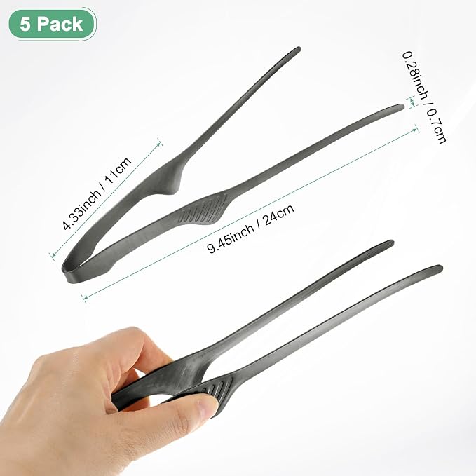 M METERXITY 5 Pcs Korean and Japanese BBQ Tongs 9.5 Inch Barbecue Tongs 430 Stainless Steel Kitchen Self-Standing Grill Non-Slip for Grill/Salad/Camping/Cooking [Black]