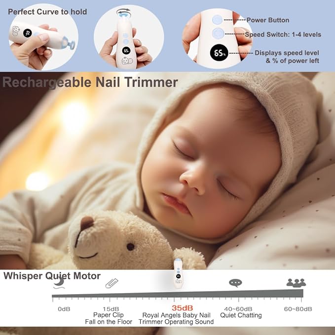 Royal Angels Rechargeable 22 in 1 Baby Nail Trimmer with LCD Display, Labeled Case, 13 Extra Pads, 4 Speed Settings, Safe Quiet LED Light Electric Baby Nail File Kit for Newborns Toddlers (WhiteBlue)