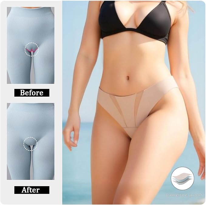 Anti Camels Cover Thongs No Crotch Outline Underwear Women Cotton Panty Liners Invisible Workout Gym G-String, 3 Pack