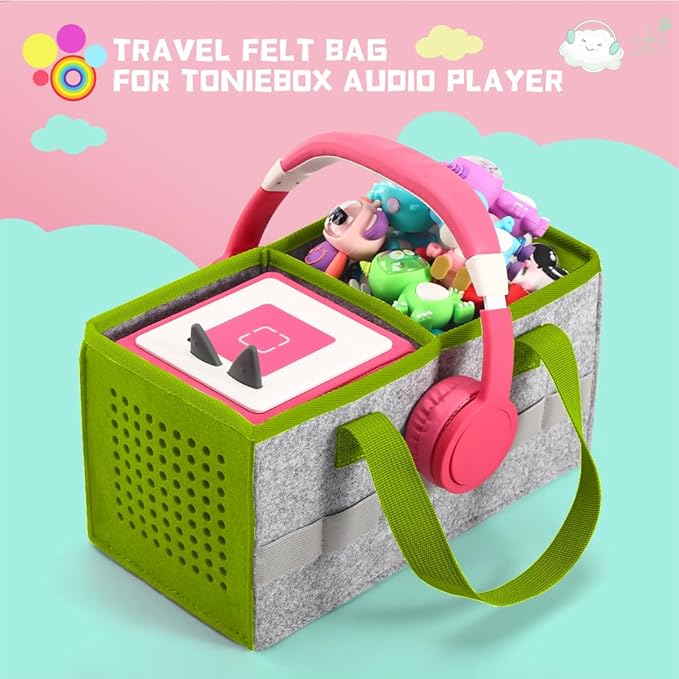 PISOSN Carrying Case for Toniebox Starter Set and Tonies Figurines, Travel Felt Cloth Musical Toy Folding Bag for Toniebox 2 & Accessories (Green)