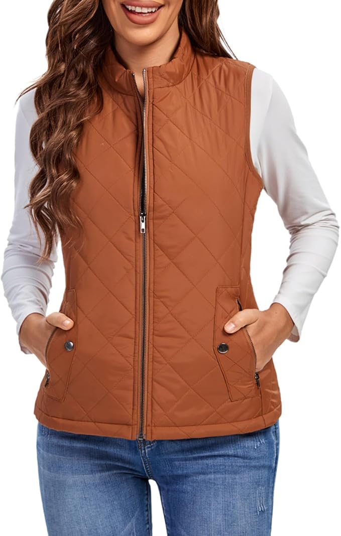 Fuinloth Women's Quilted Vest Lightweight Puffer Stand Collar Zip Gilet | 4 pockets with 2 inner storage. Quilted padded warm gilet. Fall winter outerwear layering vest for travel hiking daily wear.