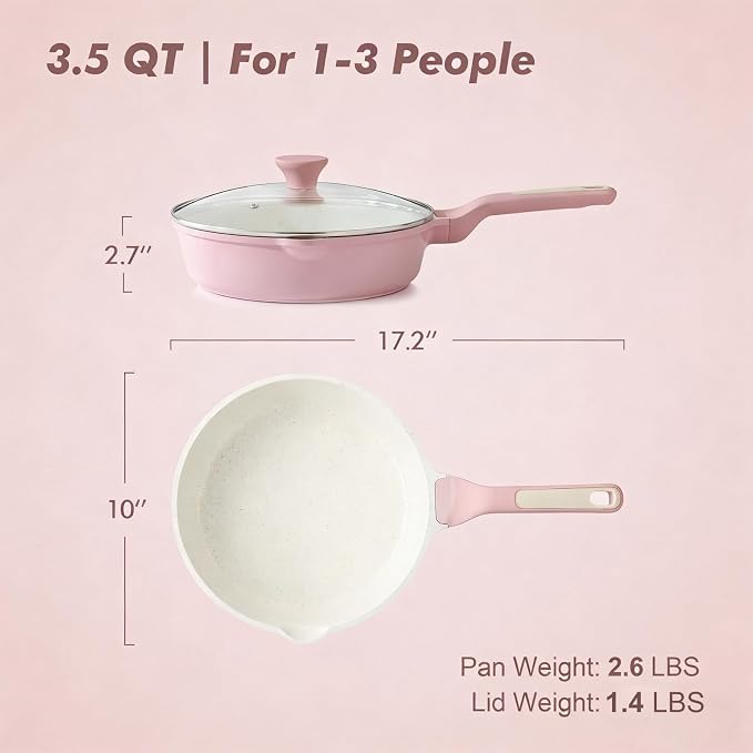 SENSARTE Nonstick Ceramic Skillet with Lid 10-inch, 3.5QT Non Toxic Deep Frying Pan, Saute Pan with Lid, Stay-cool Handle, Healthy Cooking Pot, Induction Compatible, Pink
