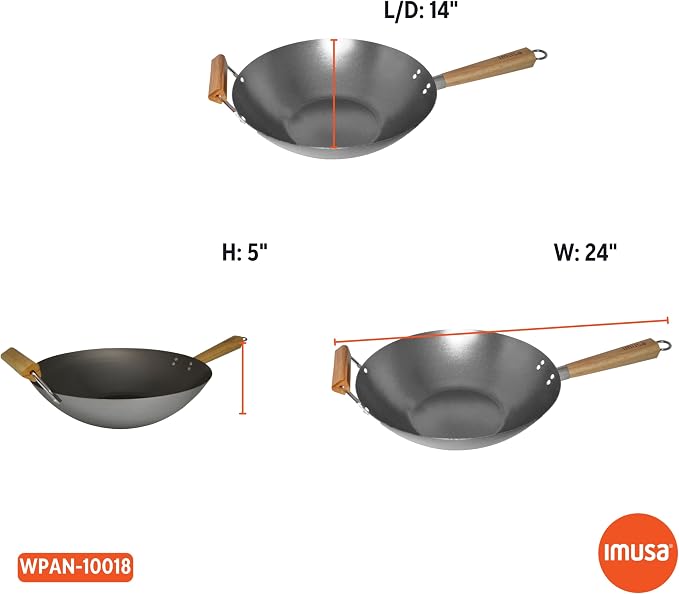 IMUSA 14 Inch Carbon Steel Wok with Wood Handles for Noodles | Natural Nonstick Surface, Cool Touch and Helper Handles, Lightweight Flat Base, Ideal for Stir-Frying and Asian Dishes