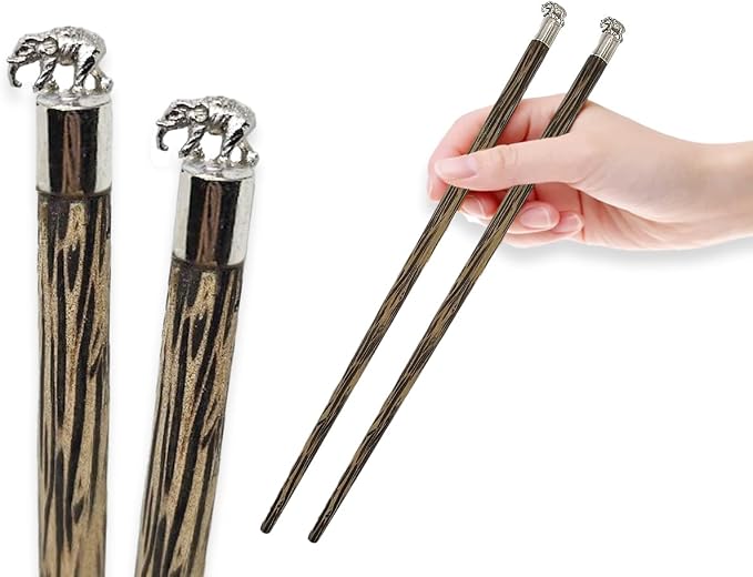 Wooden Chopsticks 9⅞" Long Coconut Palm Wood Chopstick Metal Elephant Top Eating Utensils Oriental Cutlery Asian Tableware Decorative Dinnerware to Serve Chinese Japanese Korean Food