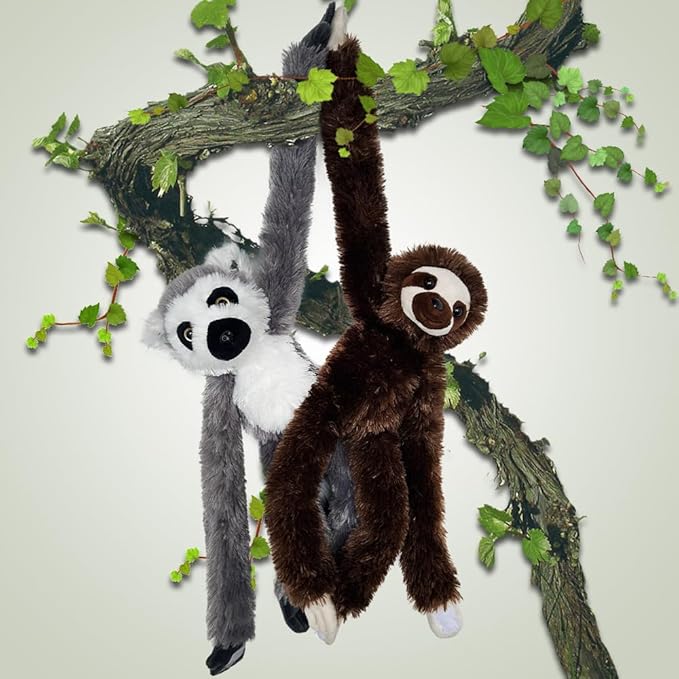 Hanging Sloth Stuffed Animals,2pcs Lemur Sloth Plush Toys Curtain Buckle for Decoration,20 inches Lemur Stuffed Jungle Animals for Kids(Lemur+Sloth)