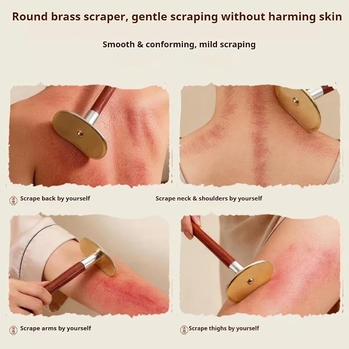 Brass Gua Sha Board with Long Handle, Self-Scraping Massage Tool for Home Use, Full Body Back Gua Sha Scraper with Rosewood Handle (Short Handle)