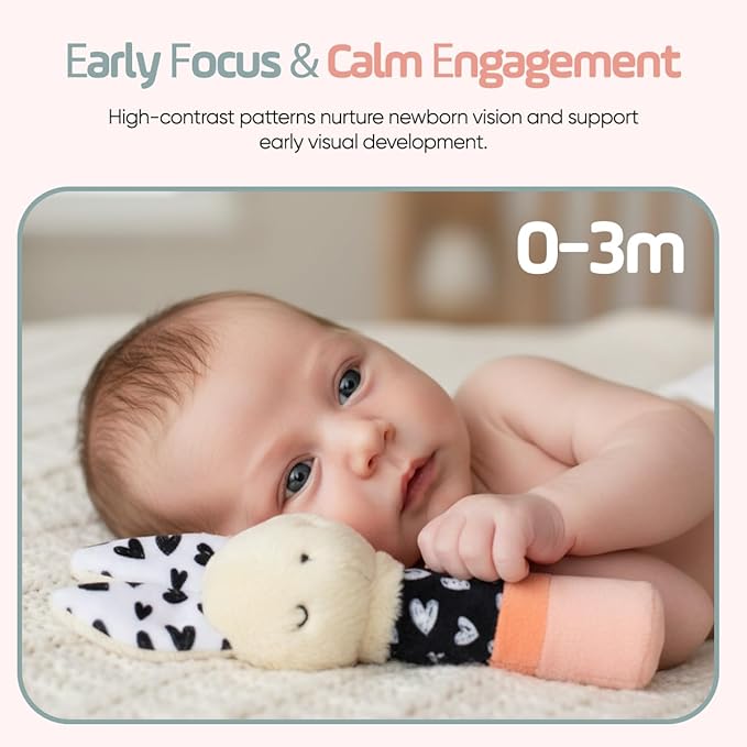 Bella Bunny Sensory Rattle Set – Newborn Rattle & High Contrast Baby Toys (0–6 Months), Soft Plush Bunny Lovey for Play & Gift Giving