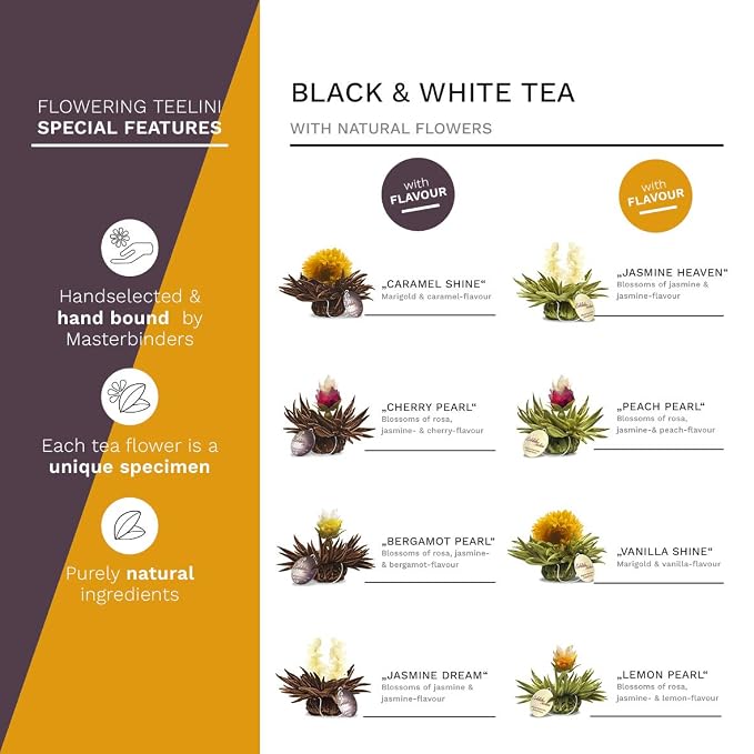 Creano Blooming Tea Tealini - Tea Flowers in Cup Size - Gift Set in Wooden Tea Box - 12 pcs in 8 Varieties - White Tea & Black Tea