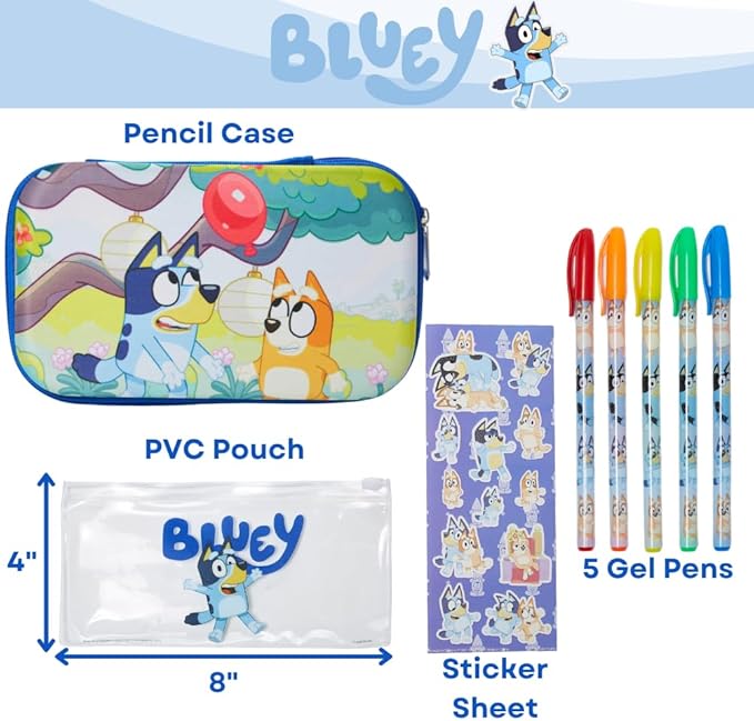 Innovative Designs Bluey Pencil Case Set with Stickers and Gel Pens for Kids, Molded with Zip Closure
