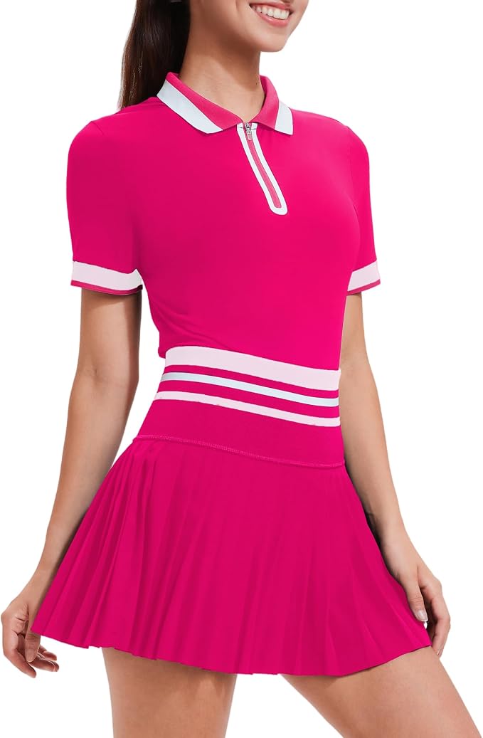 Tennis Skirt Sets for Women Zipper Color Block High Waisted Golf Polo Two Piece Skirt Set Women 2 Piece Outfits