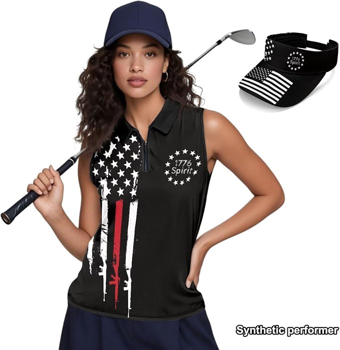 POLERO Golf Tank Top Women Golf Shirts and Visor Hat Collared Racerback Tennis Shirt Set Quarter Zip
