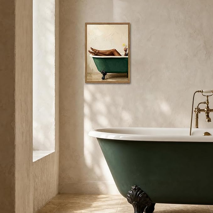 Black Woman Green Bathtub Wall Art Modern Luxury Bathroom Wall Decor Painting, Vintage Afrocentric Girl Bathroom Poster Canvas Print Picture 16x24 inch Wood Framed