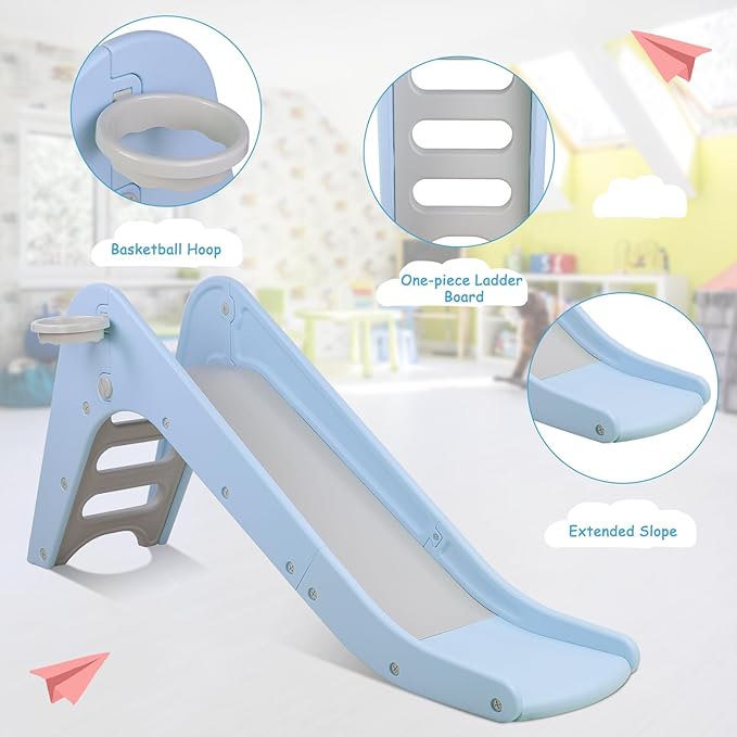 Arlopu Freestanding Kids Slide, Toddler Slide Climber with Basketball Hoop & Ball, Baby Playset w/Long Slope, for Boys and Girls Birthday, Sturdy Playground Toy for Indoor Outdoor Age 3+ (Sky Blue)