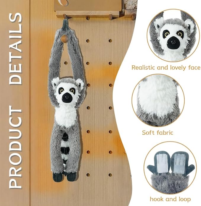 Stuffed Lemur Toy Hanging Stuffed Animal, Hooks and Stuffed Animals with Rings for Kids, Gifts for Boys and Girls,Lemur Plush Decoration Toys Hanging 20inches