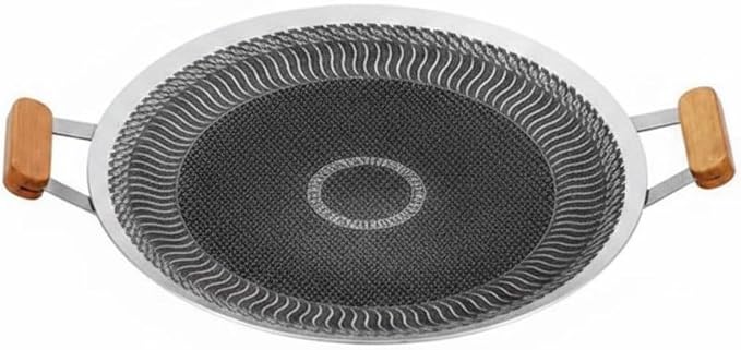 Korean Barbecue Pan Coating Round Stainless Steel Griddle Easy to Clean double Handle Grilling Pan for Camping, Outdoor, 34CM, Wood Handle