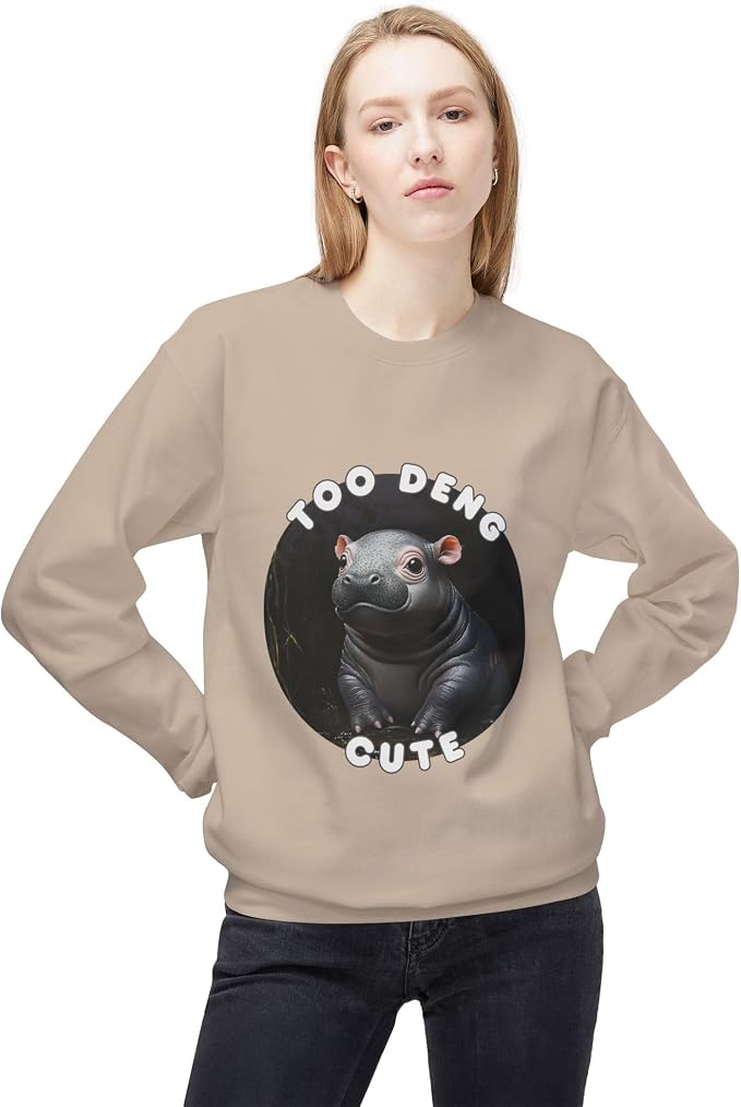 Unisex Fleece Crewneck Sweatshirt - Too Deng Cute Moo Deng Hippo, Cozy Cotton Blend, Classic Relaxed Fit