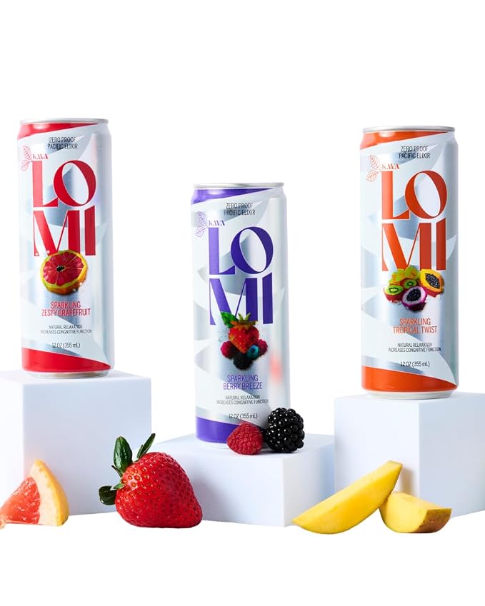 LOMI Zero Proof Pacific Elixir Sparkling Zesty Grapefruit, Natural Relaxation Kava Drink with Adaptogens, Low-Calorie, Gluten-Free, Vegan, 12 fl oz, 4 Pack (Standard, Zesty Grapefruit)