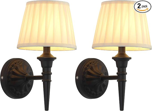 KDG Cordless Black Wall Sconces Set of 2, Beige Fabric Lampshde Wall Lamps | Small LED Wireless Portable Rechargeable Battery Lighting for Wall Painting, Living Room, Bedroom, Hallway, Gifts, Nightlight
