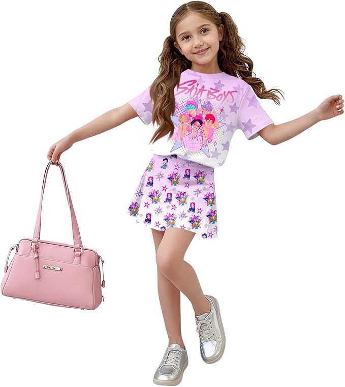 Girls 2-Piece Anime Outfit Set, Short Sleeve Graphic T-Shirt and Printed Skirt Set