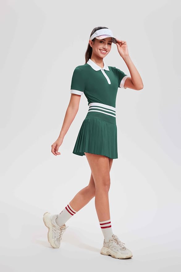 Tennis Skirt Sets for Women Zipper Color Block High Waisted Golf Polo Two Piece Skirt Set Women 2 Piece Outfits