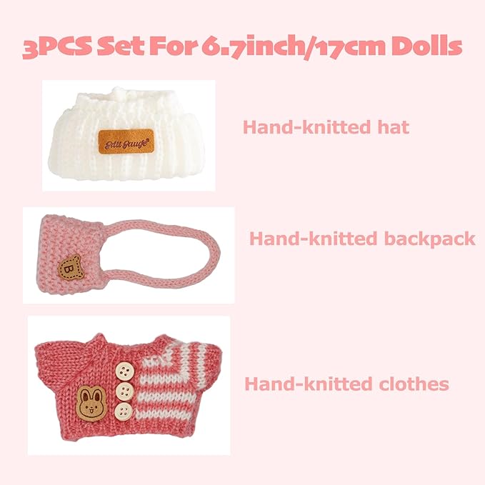 Clothes for 17cm Dolls, Clothes Set for 17cm Doll, Crochet 3 Piece Set Hat Clothes Backpack for Doll, Stylish Adorable Dolls Clothes Accessories (No Doll) (Pink)