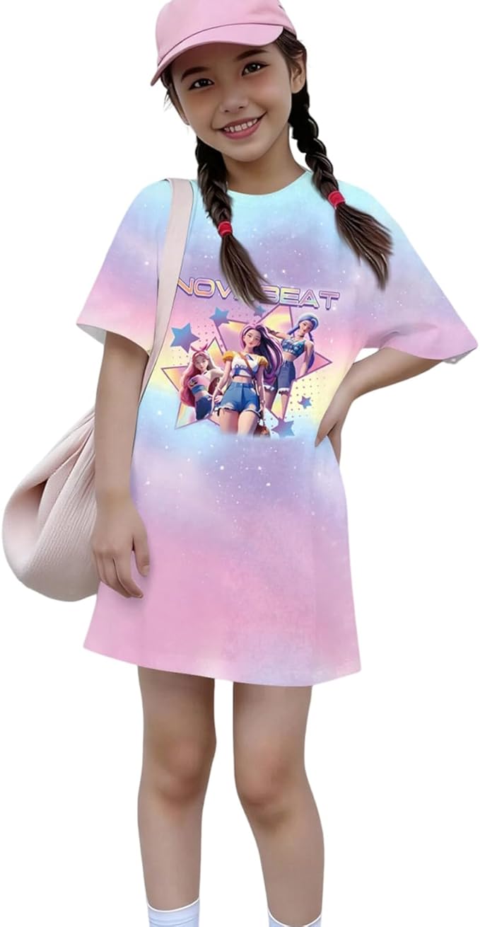 Girl's Anime K-POP Graphic Long Dress T-Shirt - Casual Loose Fit Short Sleeve Top