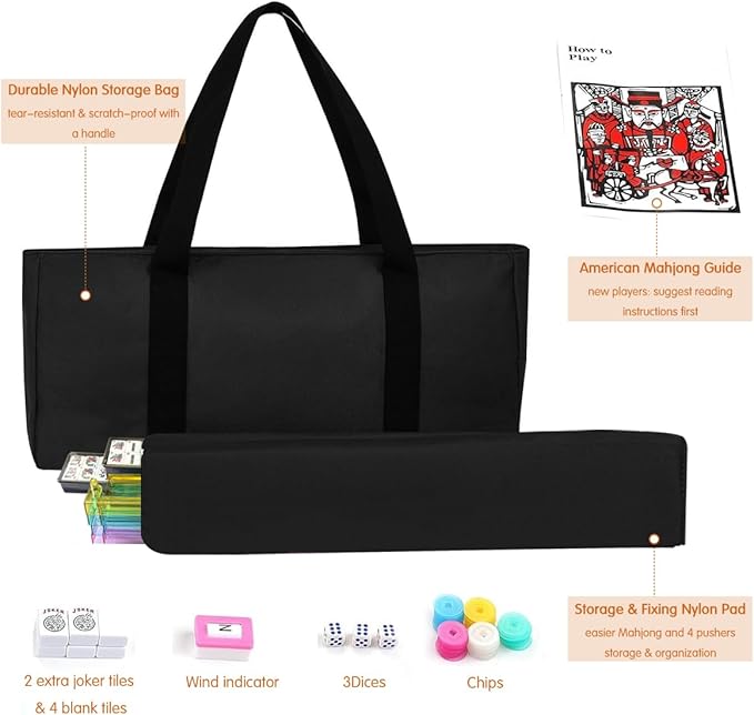 American Mahjong Set - 166 Premium White Tiles with 4 All-in-One Racks & Pushers, 3 Dices, 100 Chips, Wind Indicator & English Manual - Gift for Men Women, Classic Mah-Jong Set in Carrying Bag