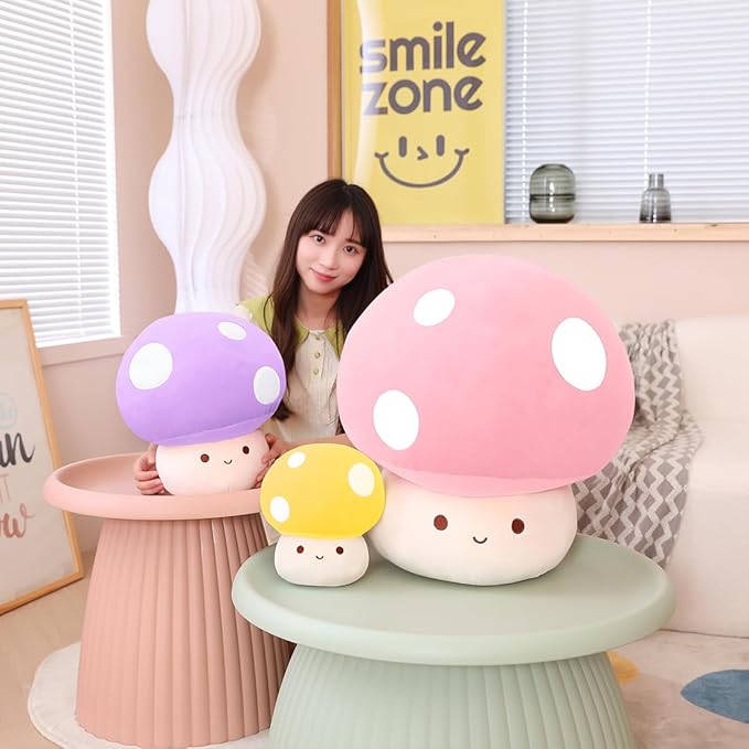 Cute Pink Mushroom Plush Pillow, 3D Soft Mushroom Plushie Hugging Pillow Gift for Girls Kids, Christmas Birthday Decor