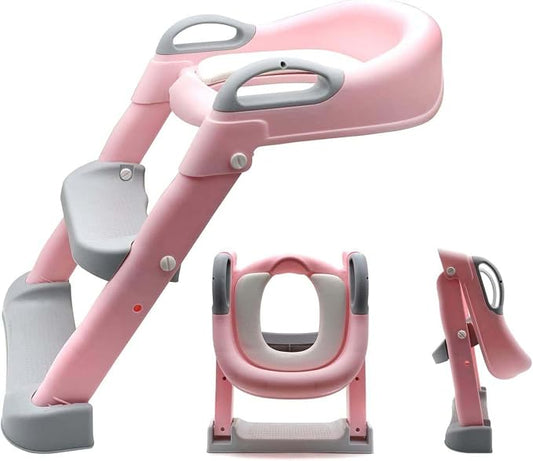 Classic Potty Training Toilet Ladder Seat With Upgraded Cushion Step Stool Ladder Toilet Trainer for Baby Toddler Kids Children In Pink [P/N: ET-BABY002-PINK-C]